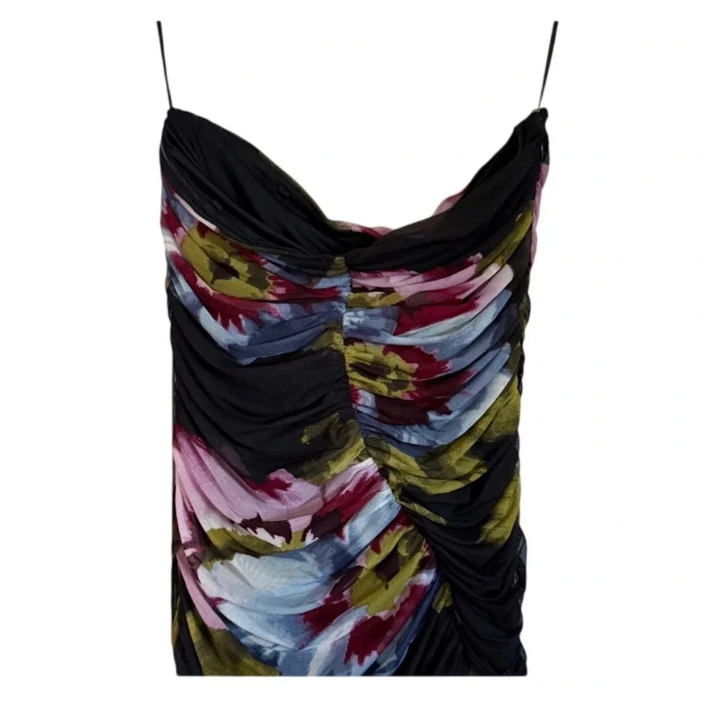 NEW Abercrombie & Fitch Ruched Mesh Floral Maxi Dress Slit Black Large Tall NWT